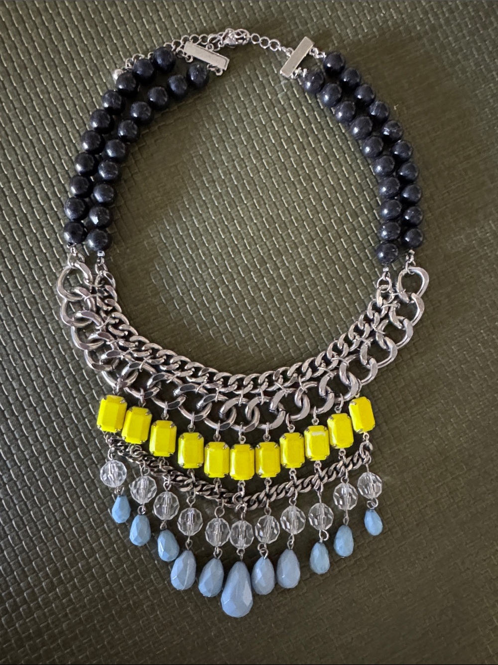 Bold Yellow & Blue Beaded Multi-Chain Necklace